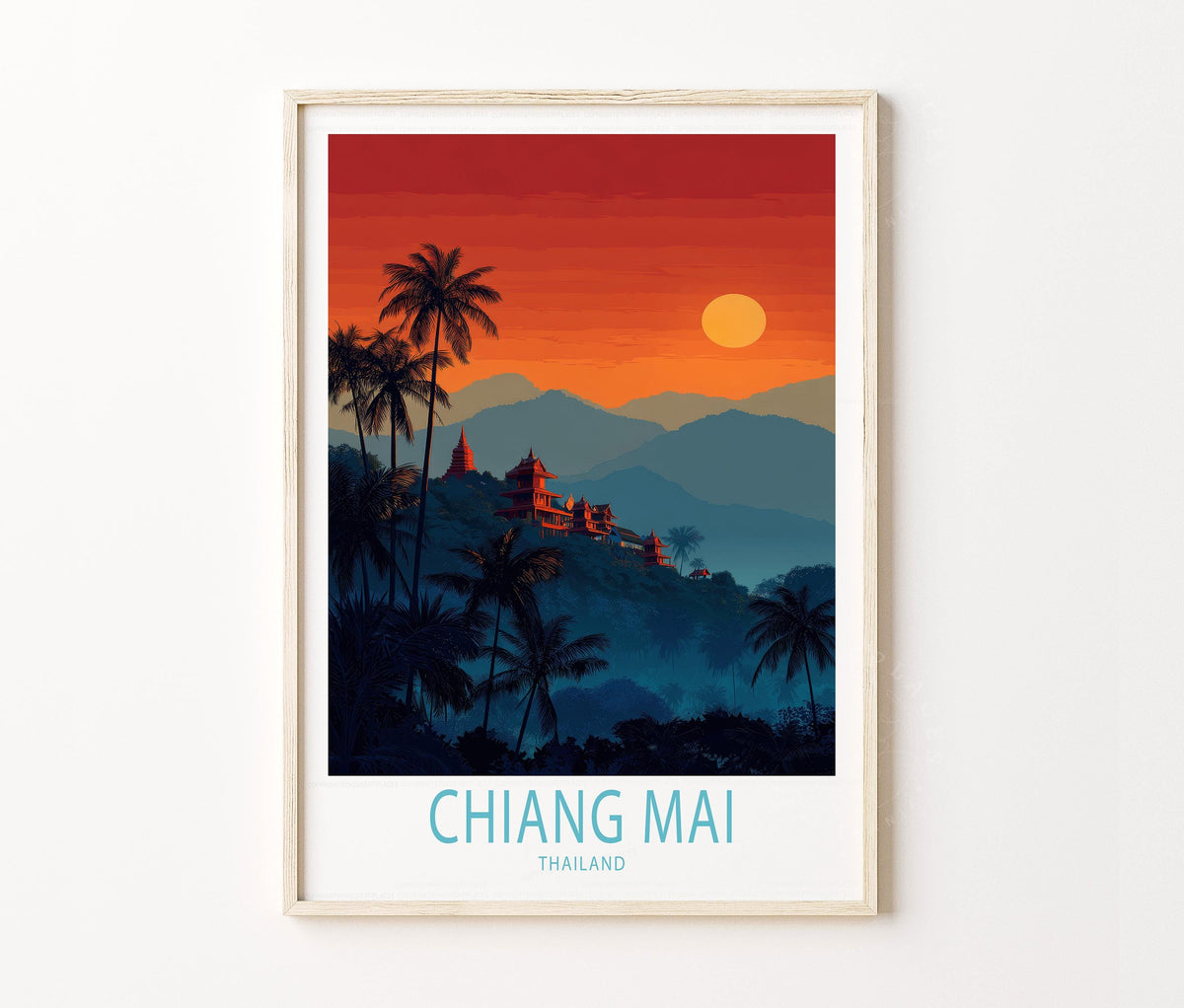 Chiang Mai Travel Poster – Temple Sunset Mountain Wall Art Print