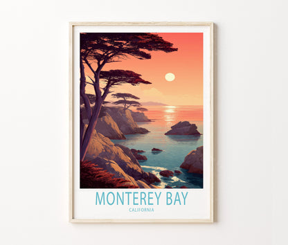 Monterey Bay Travel Poster – Sunset Coastal Cliff Wall Art Print