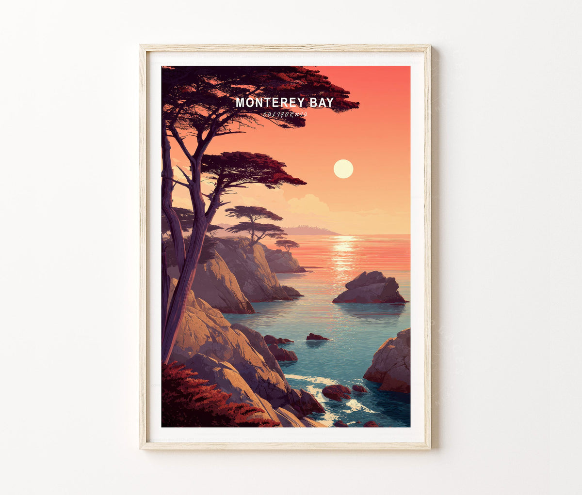 Monterey Bay Travel Poster – Coastal Sunset Ocean Landscape Wall Art Print