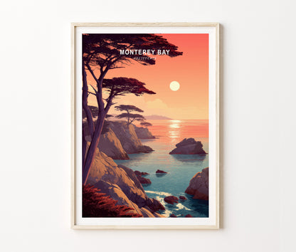Monterey Bay Travel Poster – Coastal Sunset Ocean Landscape Wall Art Print