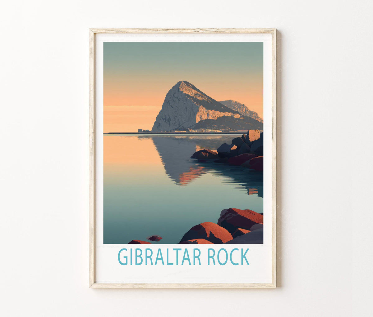 Gibraltar Rock Travel Poster – Coastal Reflection Sunset Wall Art Print