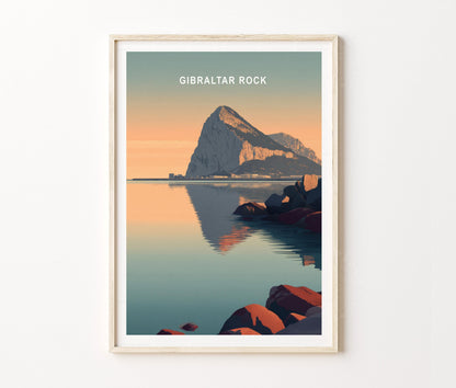 Gibraltar Rock Travel Poster – Mediterranean Coastal Mountain Reflection Wall Art Print