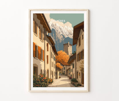 Gruyères Travel Poster – Swiss Alpine Village Autumn Wall Art Print