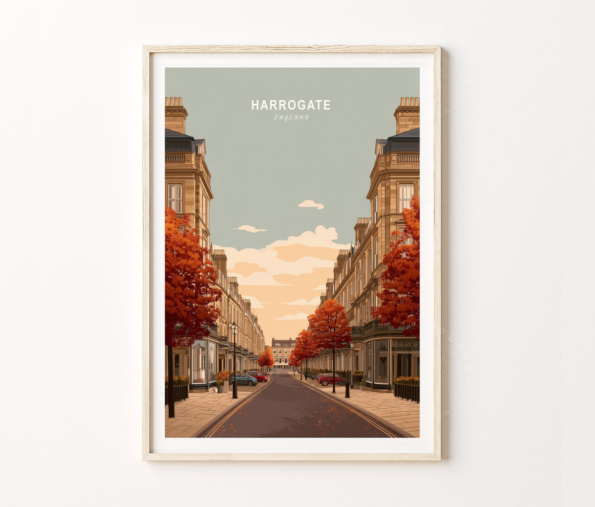 Harrogate Travel Poster – Autumn City Street Landscape Wall Art Print