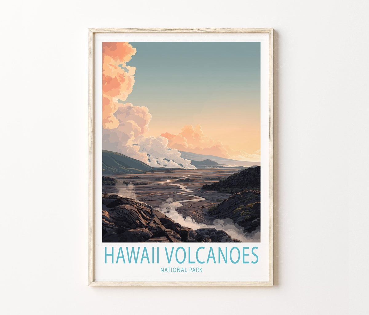 Hawaii Volcanoes National Park Travel Poster – Volcano Landscape Lava Field Wall Art Print