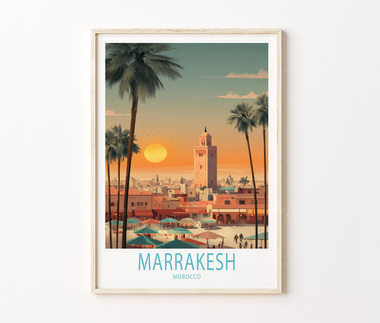 Marrakesh Travel Poster – Koutoubia Mosque Sunset City Wall Art Print