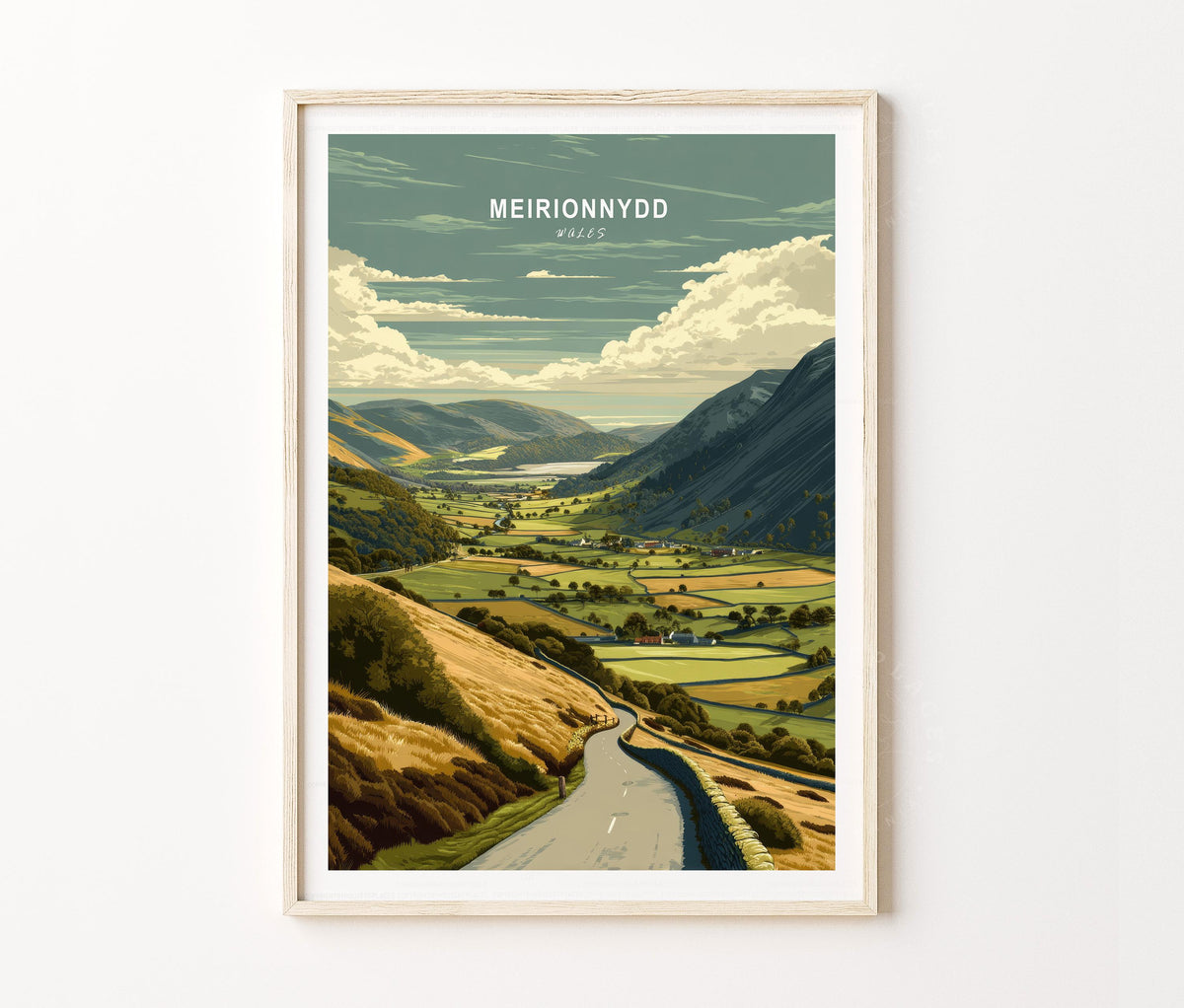 Meirionnydd Travel Poster – Countryside Valley Road Landscape Wall Art Print