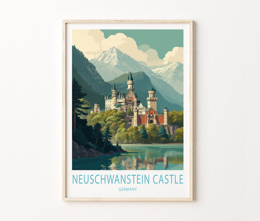 Neuschwanstein Castle Travel Poster – Bavarian Alpine Landscape Wall Art Print