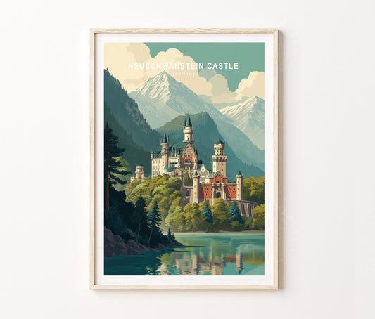Neuschwanstein Castle Travel Poster – Fairytale Mountain Scene Wall Art Print