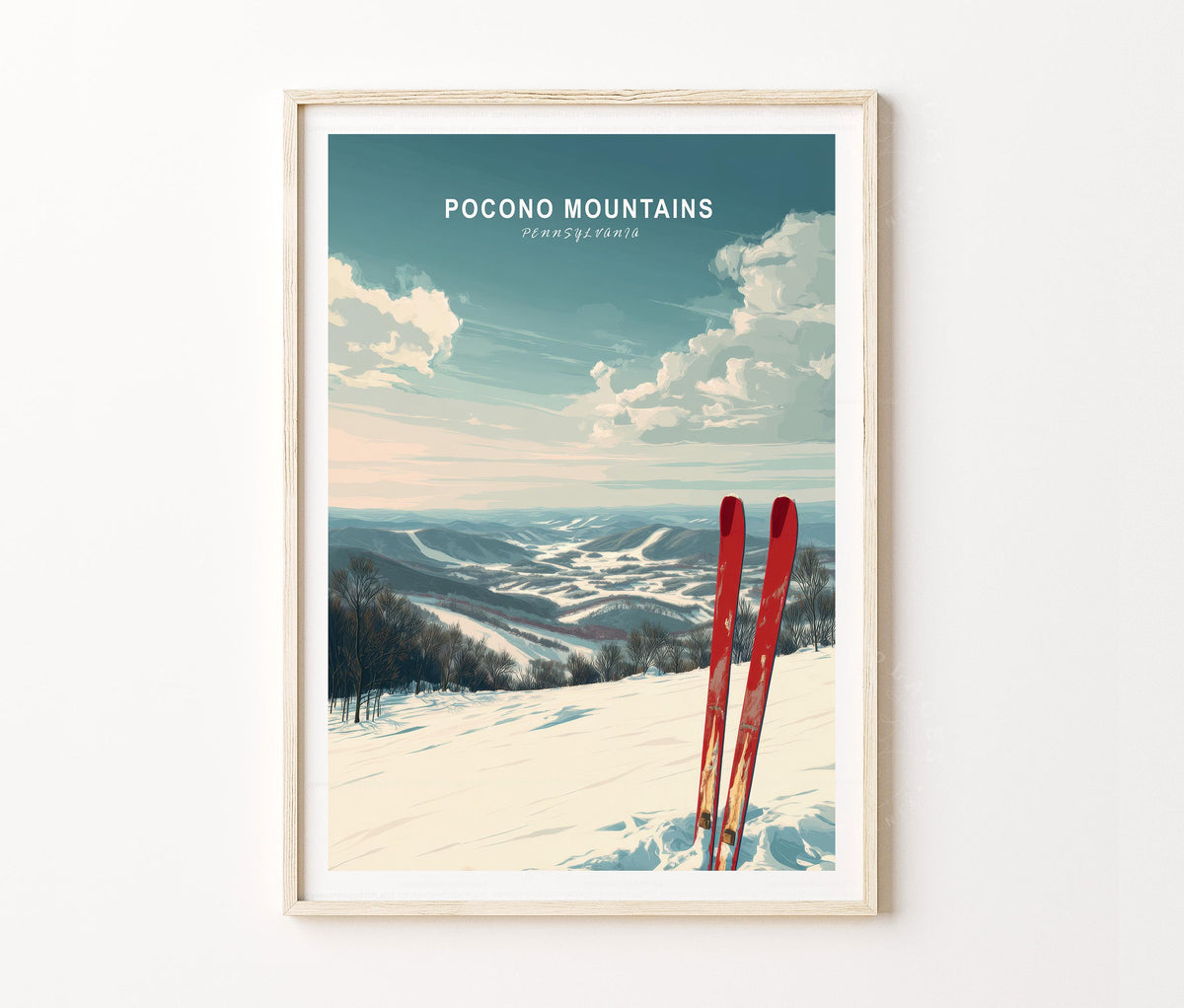 Pocono Mountains Travel Poster – USA Winter Ski Mountain Wall Art Print