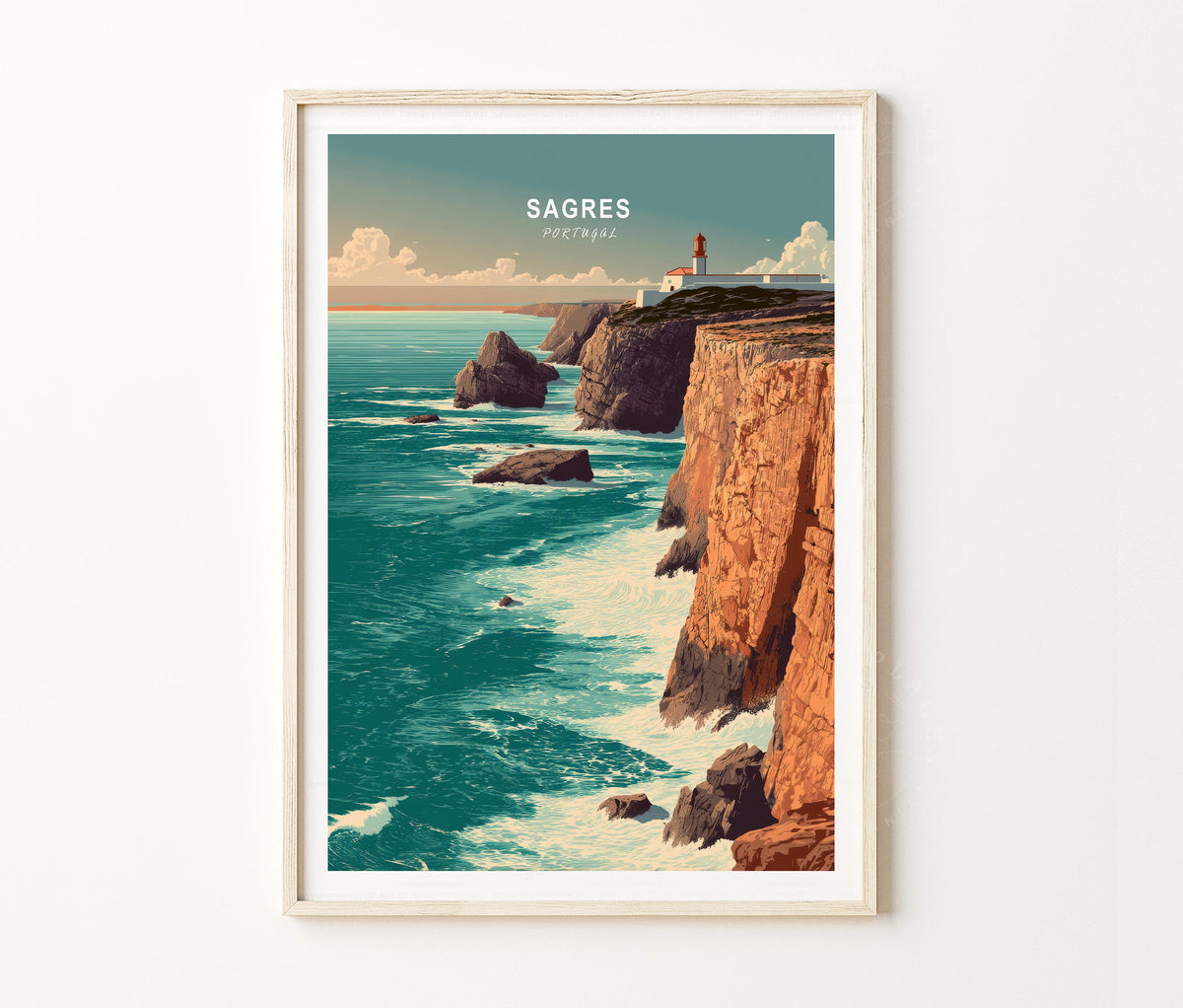 Sagres Travel Poster – Coastal Cliffs Lighthouse Landscape Wall Art Print