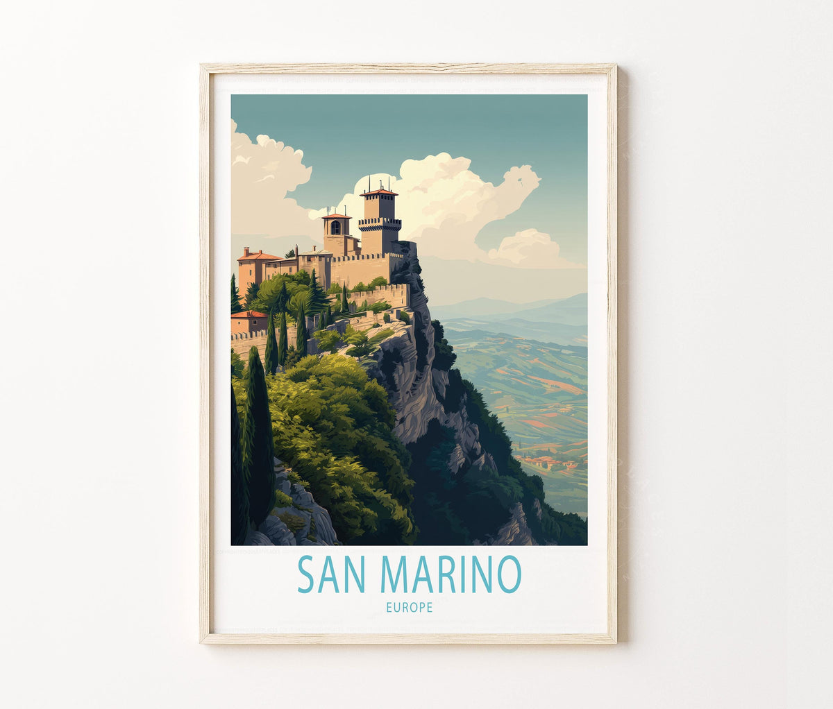 San Marino Travel Poster – Cliffside Castle Mountain View Wall Art Print