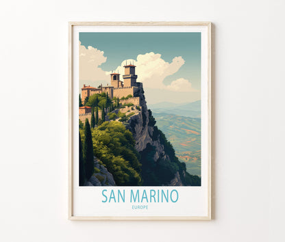 San Marino Travel Poster – Cliffside Castle Mountain View Wall Art Print
