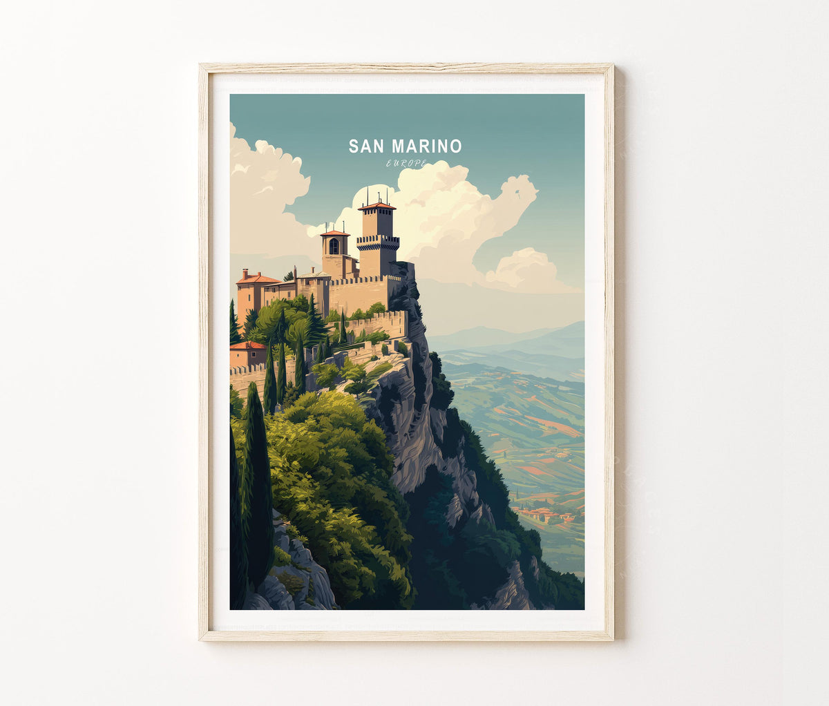 San Marino Travel Poster – Mountain Castle Cliff Landscape Wall Art Print