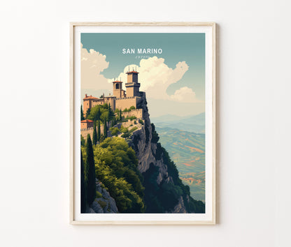 San Marino Travel Poster – Mountain Castle Cliff Landscape Wall Art Print