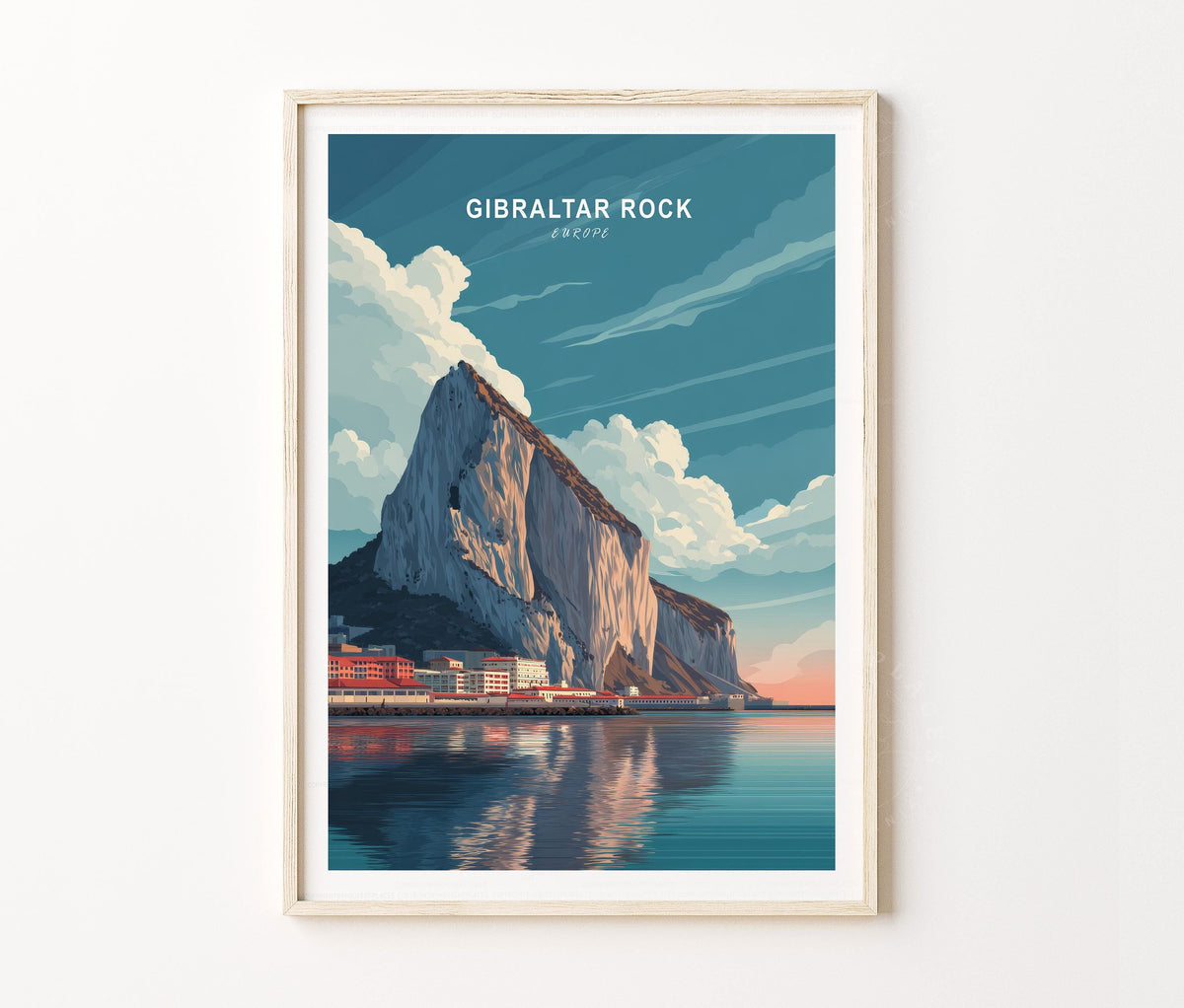 Gibraltar Rock Europe Travel Poster – Mediterranean Coastal Cliff Reflection Wall Art Print