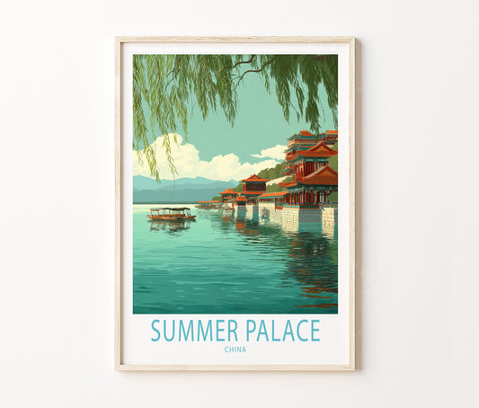 Summer Palace Travel Poster – Beijing Lake Pagoda Reflection Wall Art Print