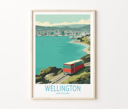 Wellington Travel Poster – Cable Car Coastal City Wall Art Print