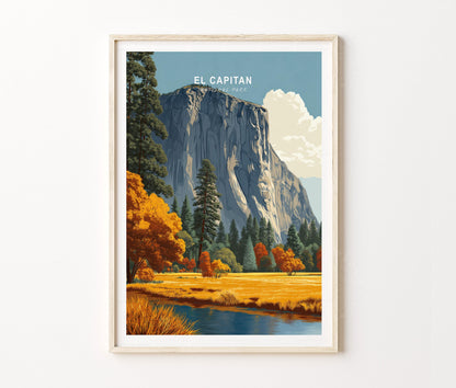 El Capitan Yosemite Travel Poster – Valley Mountain Cliff Autumn Wall Art Print