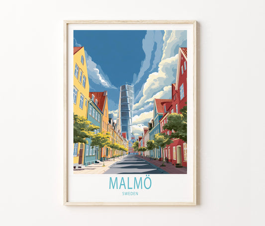 Malmo Travel Poster – Turning Torso City Street Wall Art Print