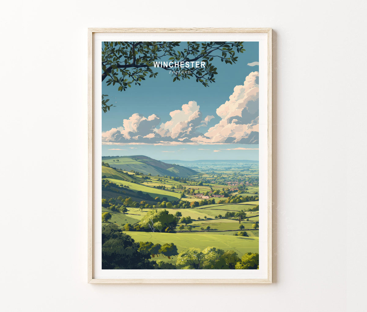 Winchester Travel Poster – Rolling Hills Countryside Scenic Wall Art Print