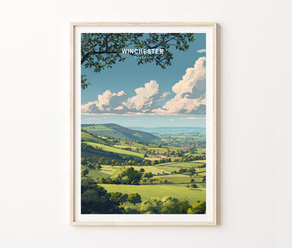 Winchester Travel Poster – Rolling Hills Countryside Scenic Wall Art Print