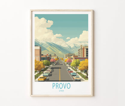 Provo Travel Poster – Mountain City Street Landscape Wall Art Print