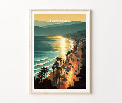Santa Monica Travel Poster – Coastal Sunset Wall Art Print