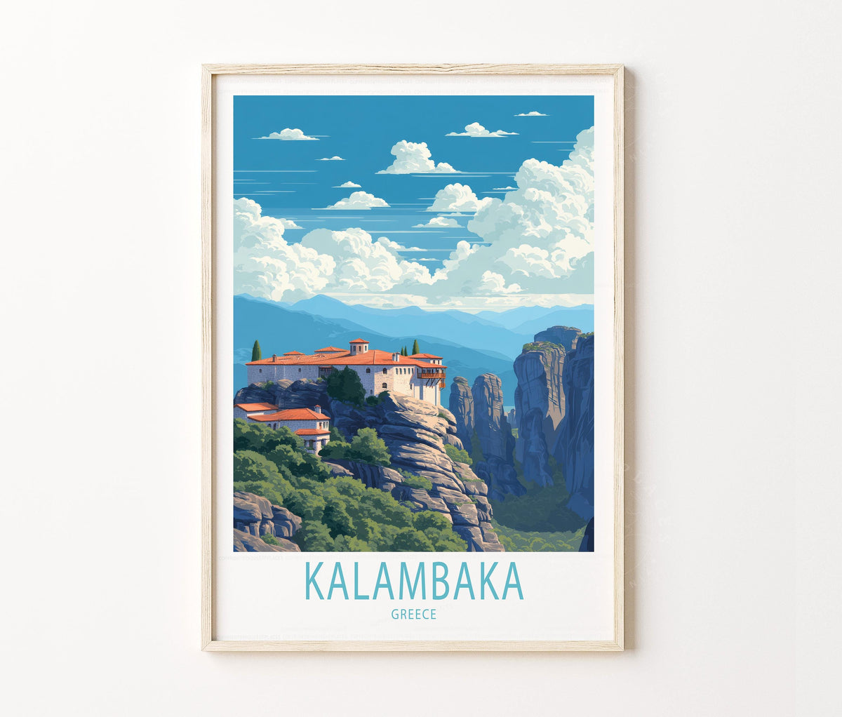 Kalambaka Travel Poster – Meteora Cliff Monastery Wall Art Print