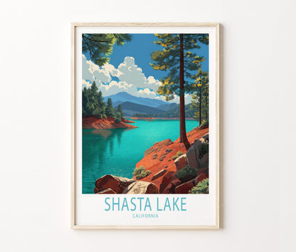 Shasta Lake Travel Poster – Mountain Landscape Wall Art Print