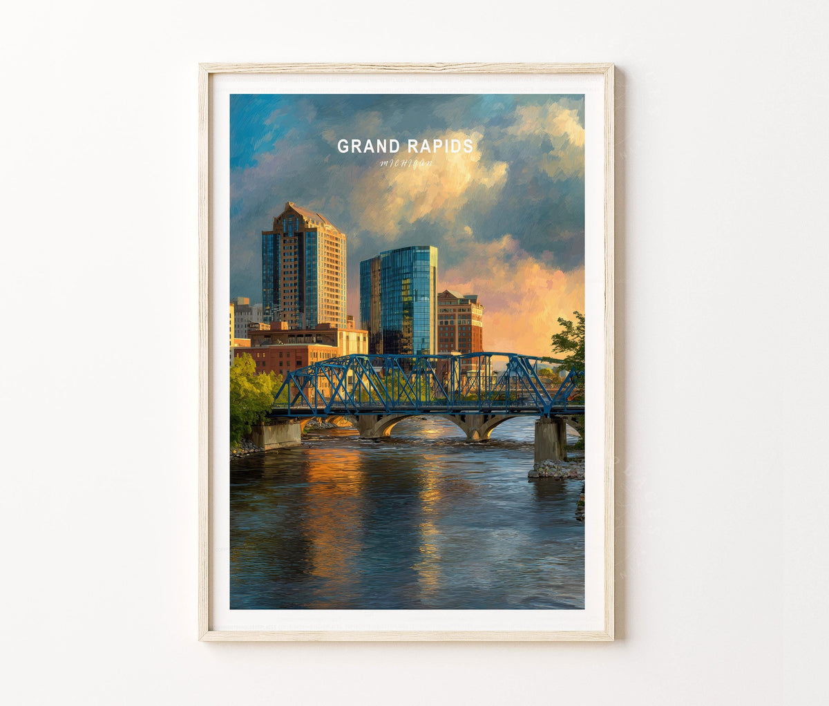 Grand Rapids Travel Poster – City River Bridge Wall Art Print