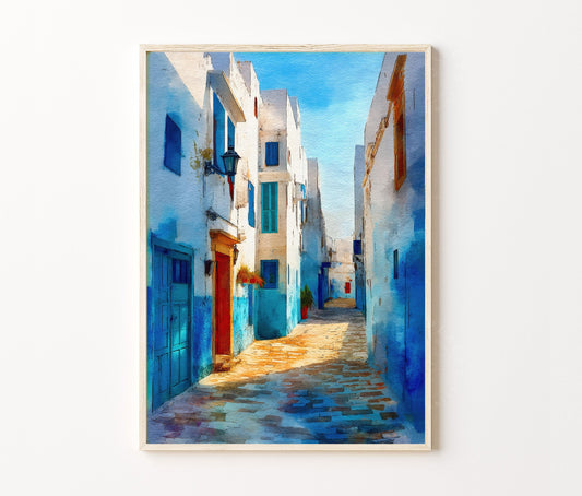 Asilah Alley Travel Poster – Blue Street Wall Art Print