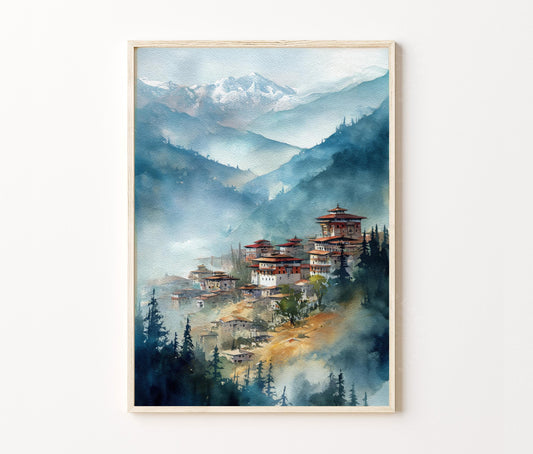 Bhutan South Asia Travel Poster – Himalayan Village Wall Art Print
