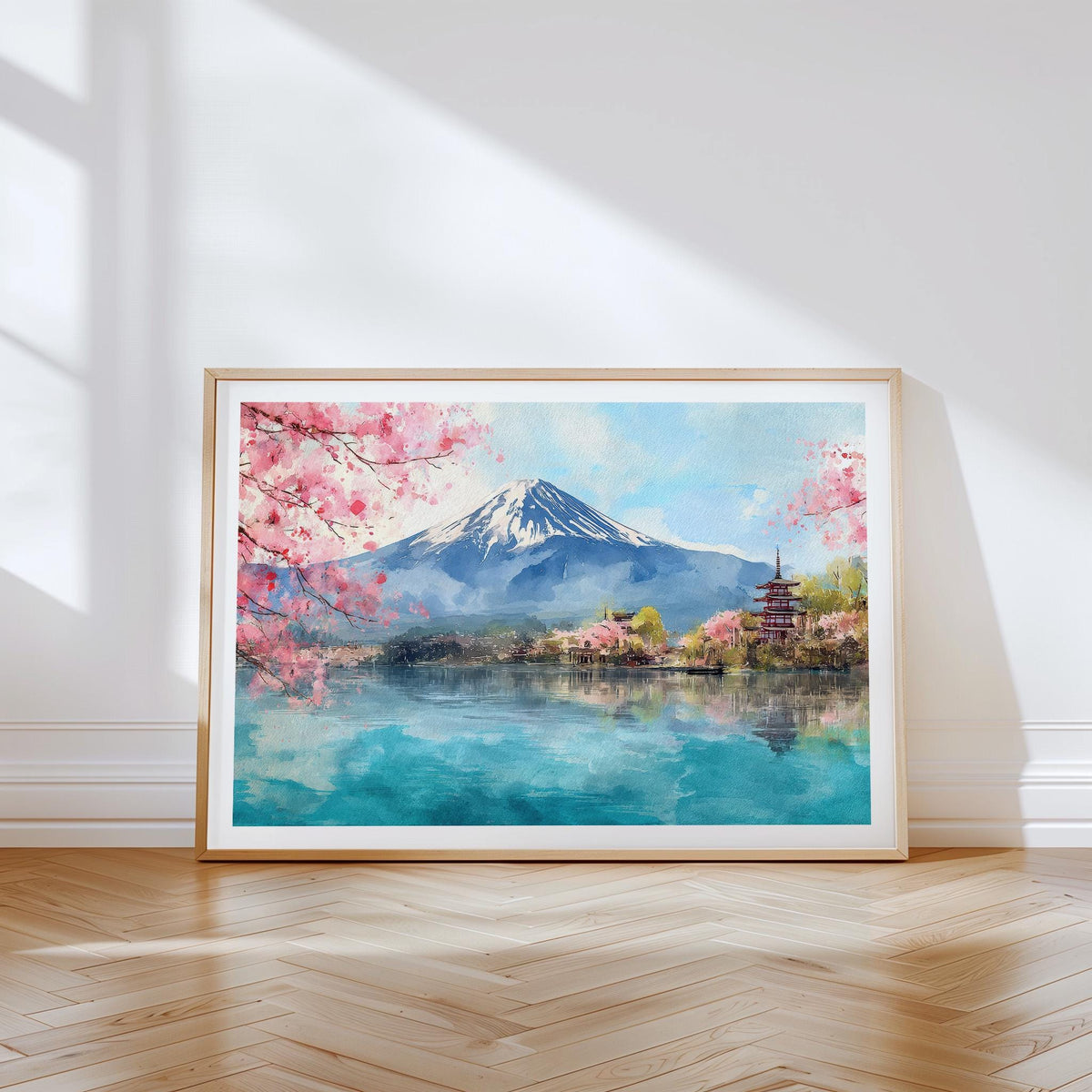 Mount Fuji Travel Poster – Cherry Blossom Lake Wall Art Print