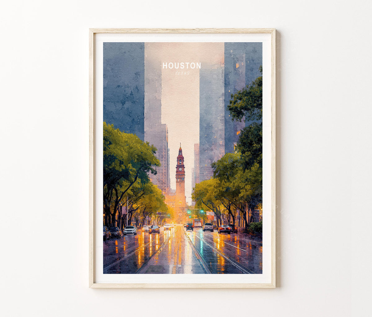 Houston Travel Poster – Downtown Cityscape Wall Art Print