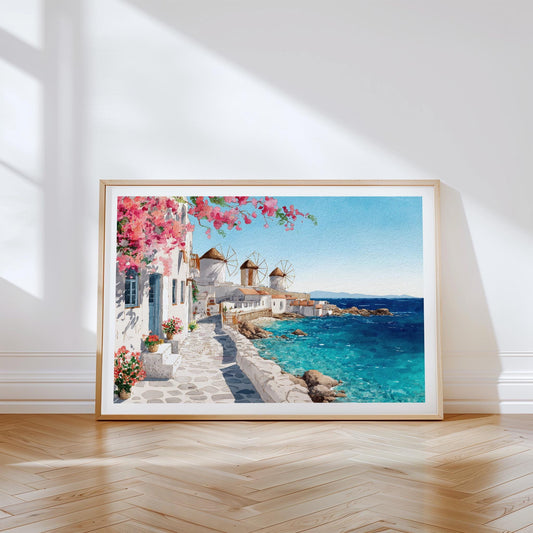 Mykonos Travel Poster – Coastal Greek Island Seaside Wall Art Print