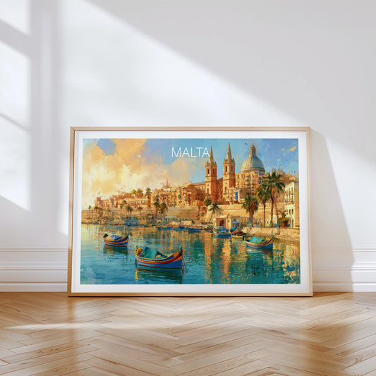 Malta Travel Poster – Valletta Coastal Landscape Wall Art Print