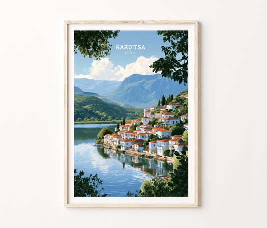 Karditsa Travel Poster – Greek Village Lakeside Wall Art Print