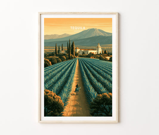 Tequila Jalisco Travel Poster – Agave Farm Mountain Wall Art Print