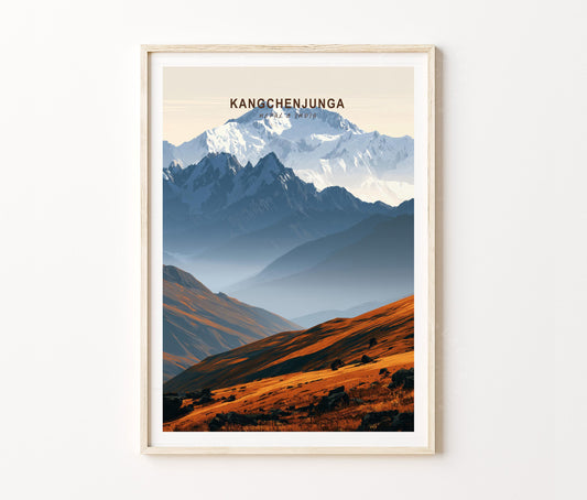 Kangchenjunga Travel Poster – Snowy Peak Landscape Wall Art Print