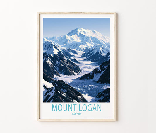 Mount Logan Travel Poster – Yukon Snowy Mountain Landscape Wall Art Print