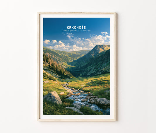 Krkonoše National Park Travel Poster – Mountain Valley River Wall Art Print