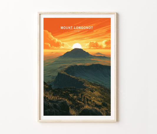 Mount Longonot Travel Poster – Crater Mountain Sunset Wall Art Print