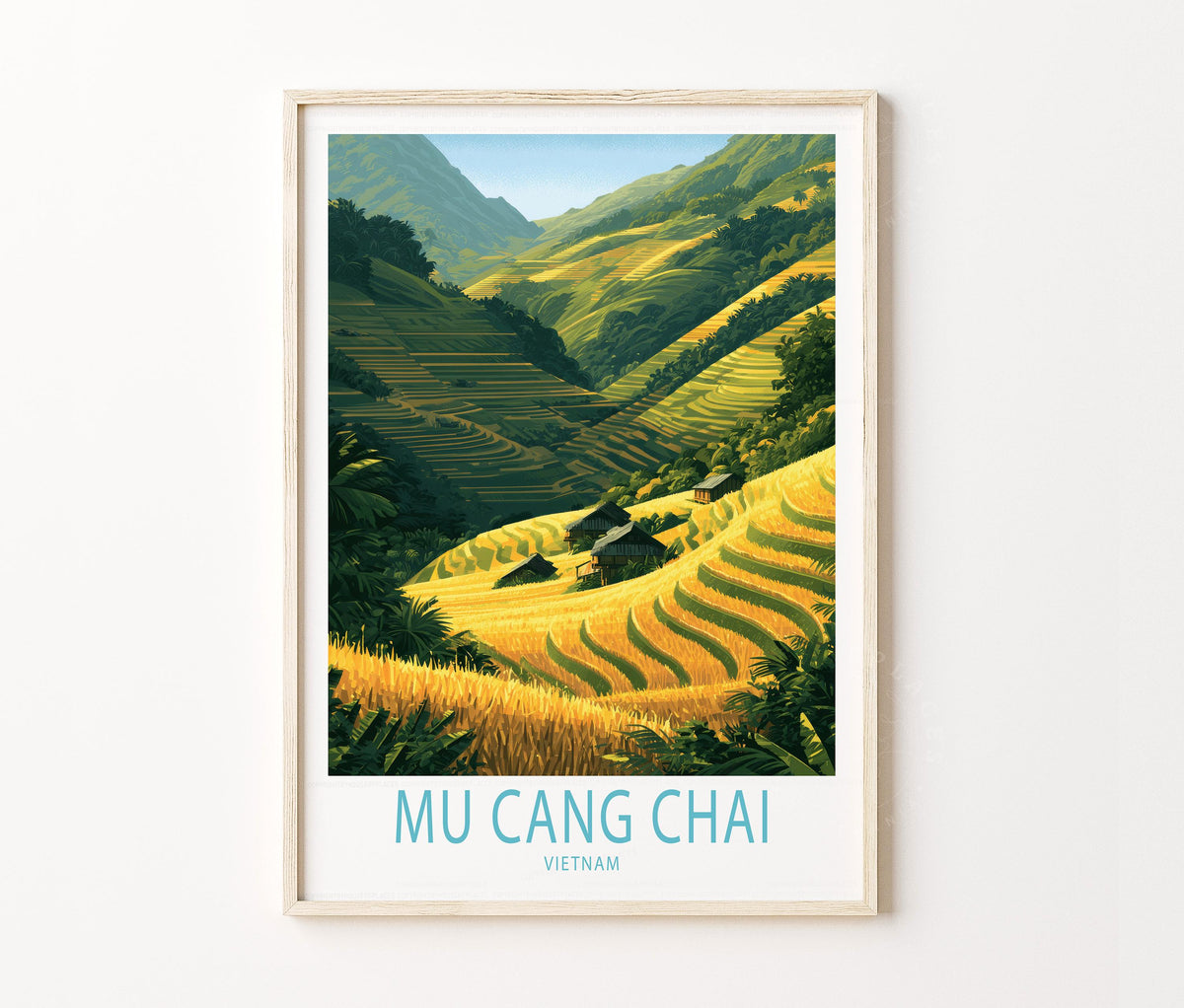 Mu Cang Chai Travel Poster – Golden Rice Terrace Landscape Wall Art Print