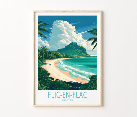 Flic-en-Flac Travel Poster – Tropical Beach Landscape Wall Art Print