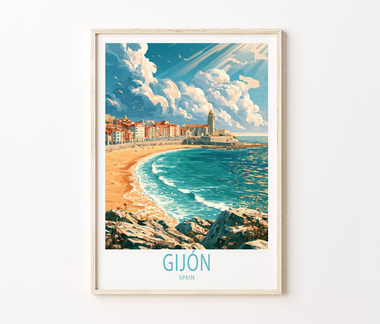 Gijón Travel Poster – Asturias Coastal City Beach Wall Art Print