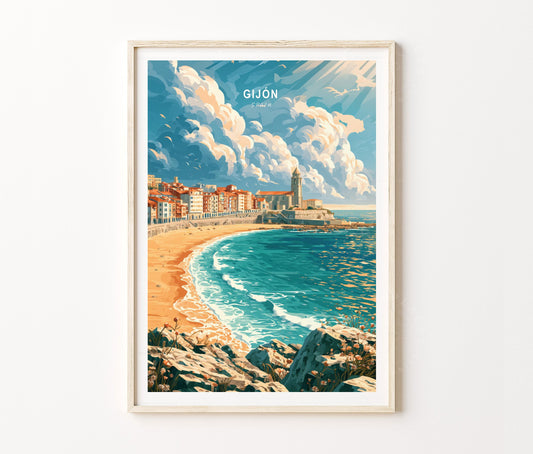 Gijón Asturias Travel Poster – Spanish Seaside Landscape Wall Art Print