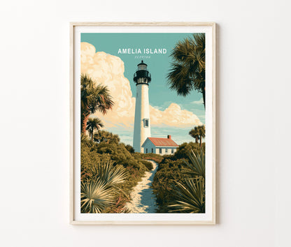 Amelia Island Lighthouse Travel Poster – Coastal Landscape Wall Art Print