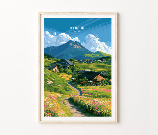 Kyushu Travel Poster – Japanese Countryside Mountain Wall Art Print