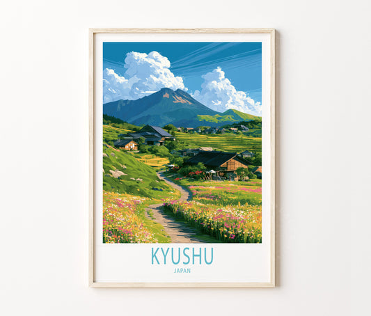 Kyushu Travel Poster – Japanese Mountain Wall Art Print